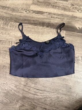 Lace-Trim Navy Satin Cami with Adjustable Straps